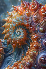 abstract fractal seashell, mandelbulbs, in the shape of sea creatures and ocean waves, surreal marine life, photorealistic // ai-generated 