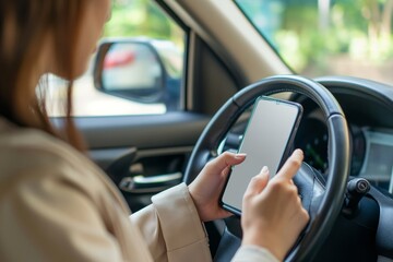 a woman using a smartphone while driving a car