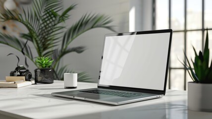 Sleek laptop on modern desk with plants and camera
