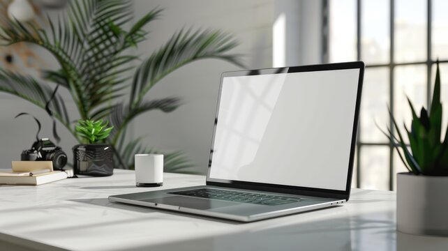 Sleek laptop on modern desk with plants and camera