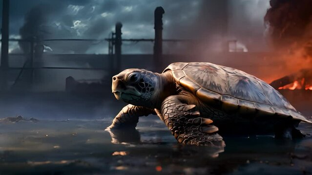 Sea turtle on the background of an industrial plant polluting the water and the atmosphere. Disease and death of reptiles and animals due to oil spills, waste and microplastics	