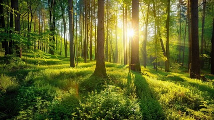 Fototapeta premium Sunlight filters through towering, slender trees in a lush green forest