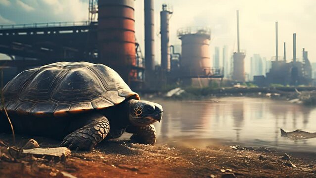 Sea turtle on the background of an industrial plant polluting the water and the atmosphere. Disease and death of reptiles and animals due to oil spills, waste and microplastics	