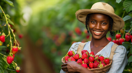 a smiling woman holding basket of strawberries