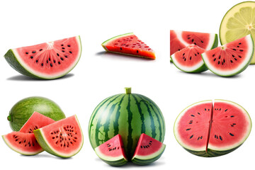A series of watermelon slices in various stages, PNG with transparent background, AI