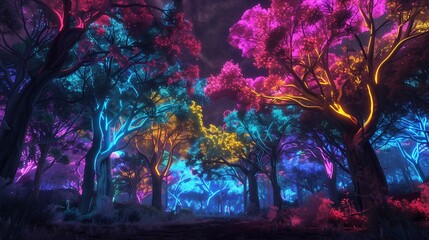Obraz na płótnie Canvas A forest of bioluminescent trees aglow with neon colors, their canopies creating a surreal canopy of light amidst the darkness.