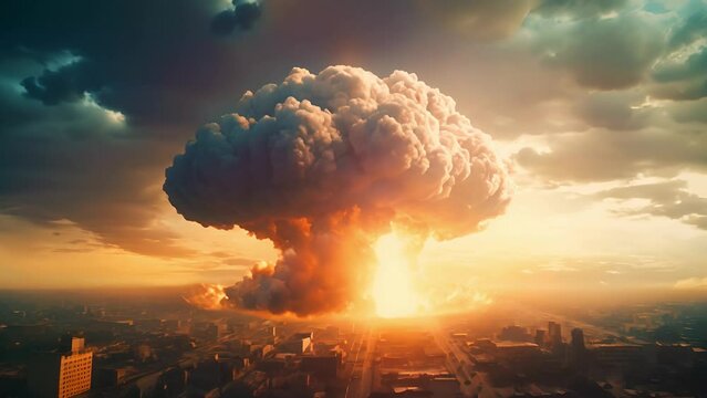 Nuclear War. Explosion nuclear bomb. Nuclear bomb explosion in nuclear war. Explosion of a nuclear bomb with a mushroom cloud. Nuclear war apocalypse concept	