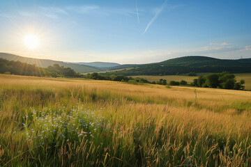 Obraz premium A field of tall grass with a bright sun shining on it