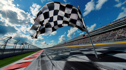 A checkered flag is flying in the air above a racetrack