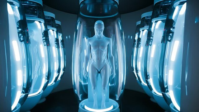 Human clone factory, Human in the capsules, capsule with human woman body inside	