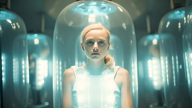 Human clone factory, Human in the capsules, capsule with human woman body inside	