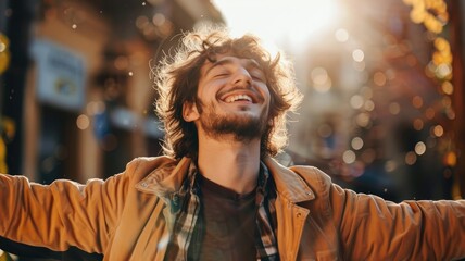 Young Caucasian man joyfully embracing sunlight outdoors