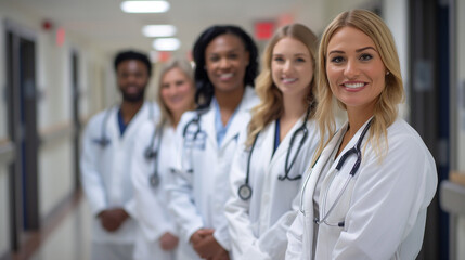 Fototapeta premium a team of smiling doctors in the hospital in white uniforms