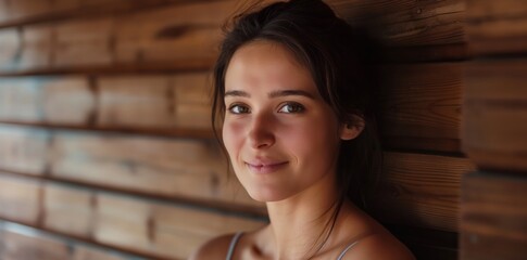 Fototapeta premium Smiling Young Woman in Cozy Wooden Cabin