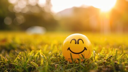 Smiling yellow ball with happy face on grass in sunlight