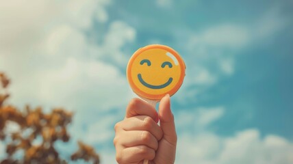 Hand holds smiling face cookie against blurred nature background