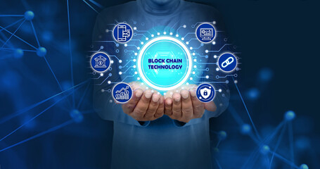 Blockchain technology concept focuses on futuristic global networking, data network connectivity, and internet security through encrypted blocks and crypto chains.