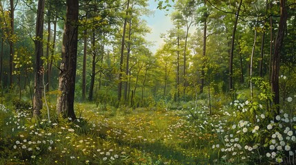   A painting of a lush forest filled with numerous trees and vibrant white blossoms in the foreground, set against a serene blue backdrop