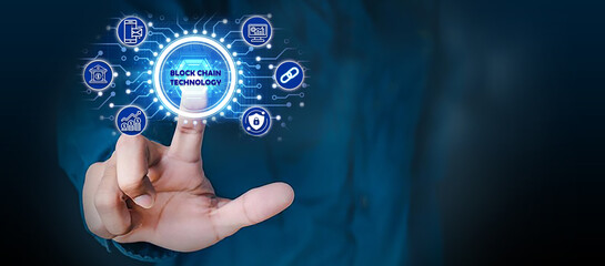 Blockchain technology concept focuses on futuristic global networking, data network connectivity, and internet security through encrypted blocks and crypto chains.