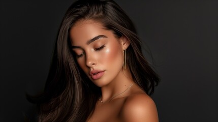 Fototapeta premium Stunning portrait of a Hispanic woman with long, wet hair and dewy skin, set against a dark, dramatic background.