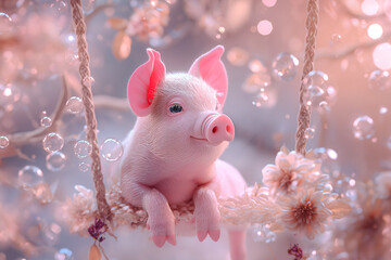animal art, cute pink piglet sitting on an elegant swing, delicate white flowers and twinkling bubbles, piggy in luck, joyus celebration, adoreable charm, dreamy atmosphere, bokeh // ai-generated