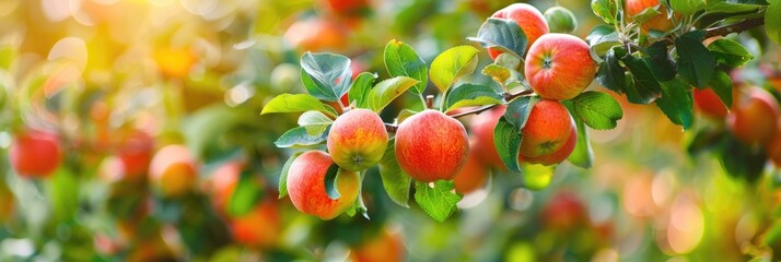 Bloomy garden with ripe apple