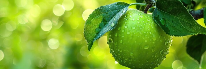 Fresh green apple fruit hanged on a tree with water drops