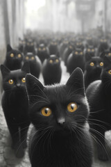 animals by ai // black cat with yellow eyes looking into camera, leading an army of other cats walking down an alleyway, foggy street background, photorealistic // ai-generated 