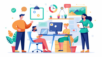 Office Workers UX/UI Illustration: Collaborative Team in Modern Workspace