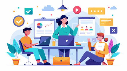 Fototapeta premium Office Workers UX/UI Illustration: Collaborative Team in Modern Workspace