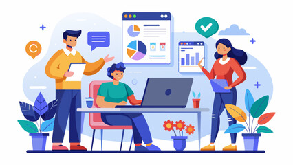 Office Workers UX/UI Illustration: Collaborative Team in Modern Workspace