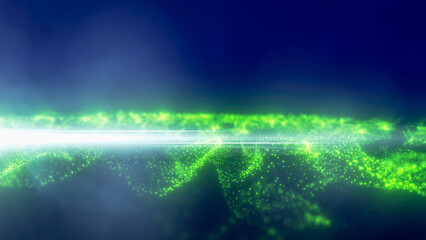 Green energy glowing magic waves high tech digital iridescent with light rays lines and bokeh energy particles. Abstract background