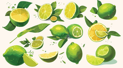 whole green limes and leaves. Full citrus fruits. T
