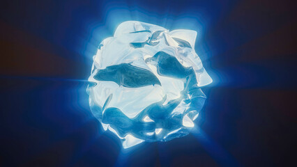 Blue energy magic sphere round high-tech digital iridescent morphing ball of liquid metal with light rays lines and energy particles. Abstract background