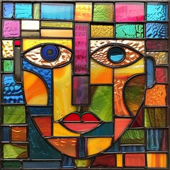 An extremely simplified colorful stained glass window pattern for beginners, focusing on a singular robot face in the center with very minimal additional elements. 