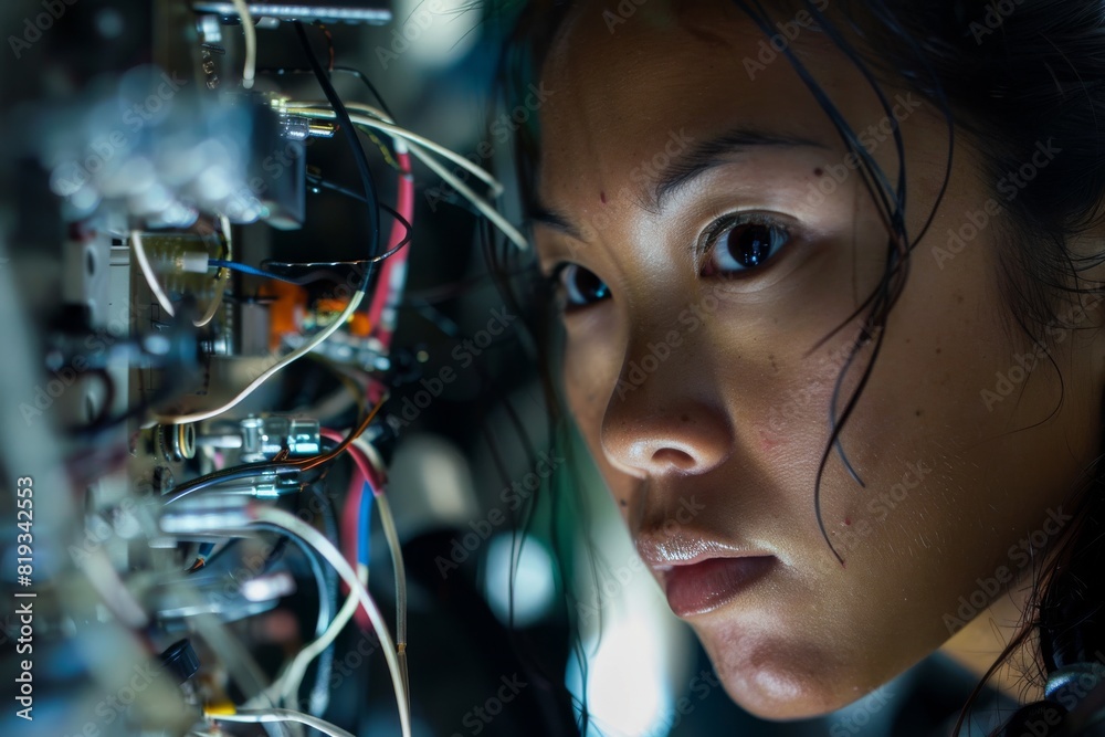 Poster The image captures a person surrounded by wires and electronic components, possibly working on a computer or a technical project