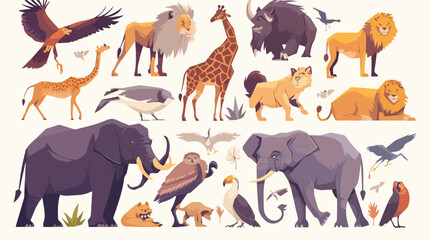 Wild african animals set with nature elements. 2d f