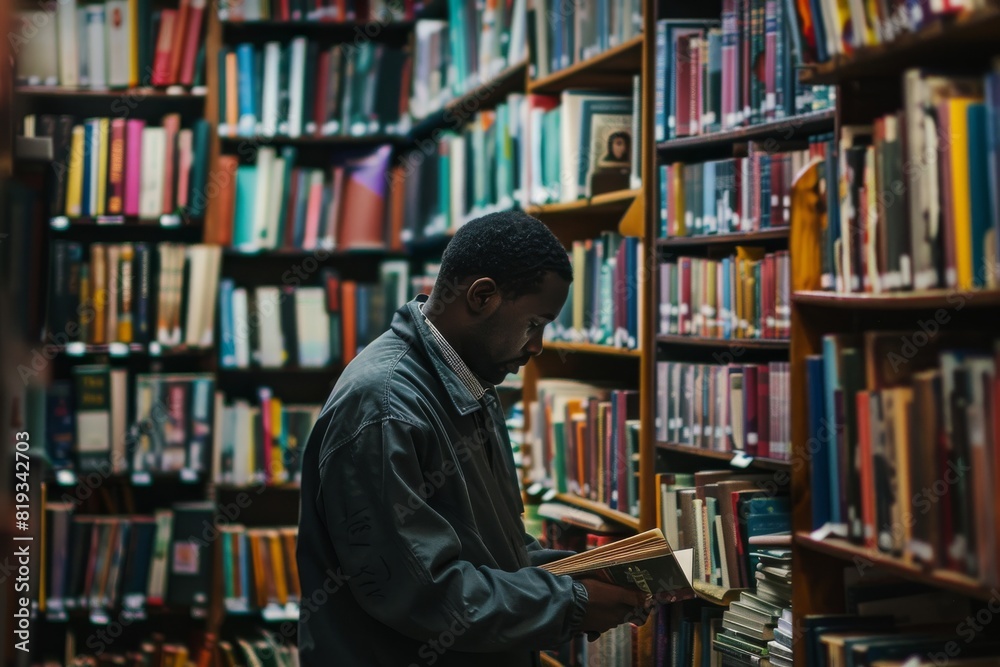 Poster A person stands among tall bookshelves, reading a book in a library with an array of colorful book spines in the background
