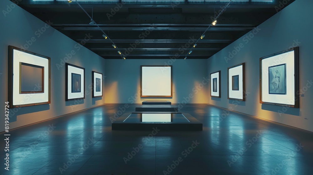 Poster an elegantly designed modern art gallery with carefully placed paintings and an illuminated central 