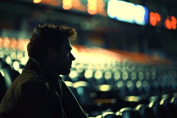 Fototapeta premium A single spectator sitting alone in a vast, empty stadium with blurred lights and rows of seating creating a moody atmosphere