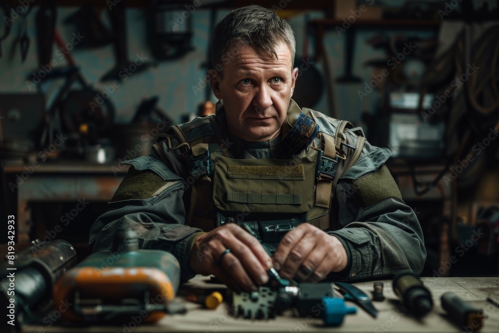 Aufkleber a skilled craftsman concentrates on fixing an electronic device in a workshop full of various tools