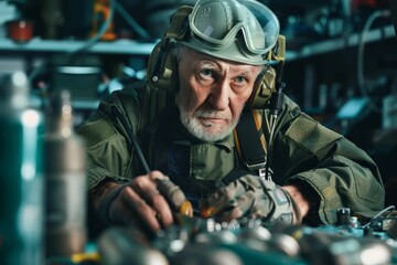 Obraz premium A focused pilot in aviation gear inspects intricate controls within a cockpit environment