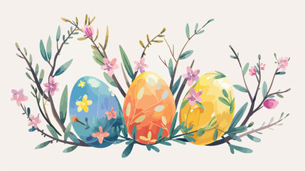 Willow branches flower and painted Easter eggs on l