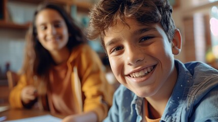 A young boy smiles at the camera while doing homework with a girl in the background