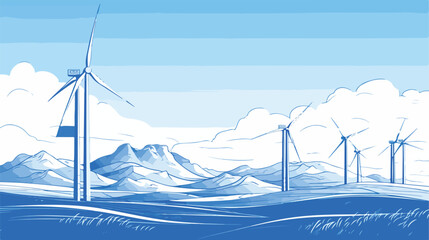 Wind turbines outline vector illustration. Blue lin