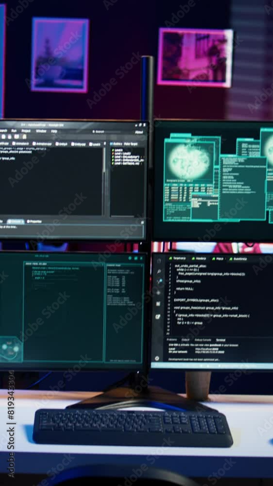 Poster vertical video panning shot of high tech computer system running malicious code in empty apartment. 
