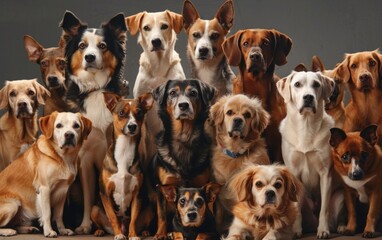 A diverse group of dogs, ranging from small to large, in various poses.