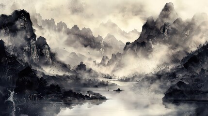 Fototapeta premium Ink and wash painting of misty mountains and river landscape