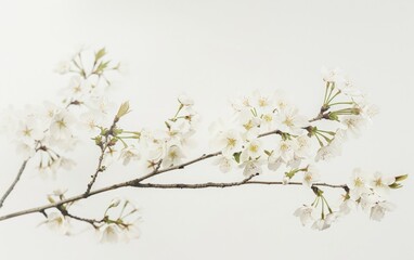 Delicate cherry blossoms on thin branches against a stark white background.