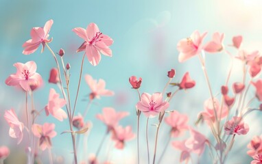 Delicate pink flowers swaying against a serene, blue gradient sky.